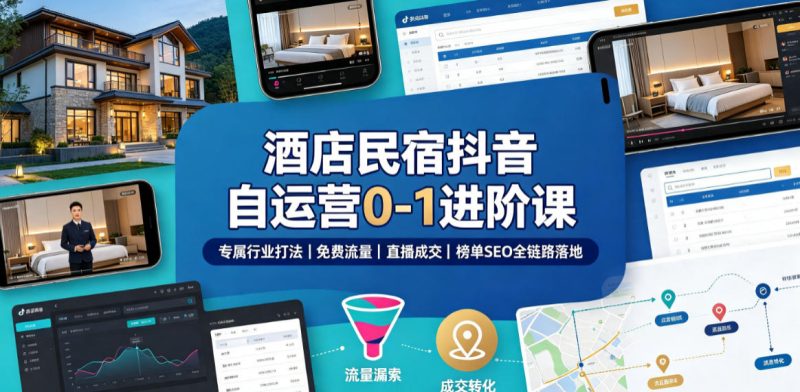 酒店民宿抖音自运营0-1进阶课|专属行业打法、免费流量+直播成交+榜单SEO全链路落地昊趣阁资源网昊趣阁资源网
