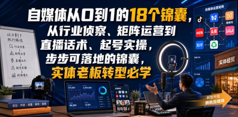 自媒体从0到1的18个锦囊,从行业侦察、矩阵运营到直播话术、起号实操,步步可落地的锦囊,实体老板转型必学昊趣阁资源网昊趣阁资源网