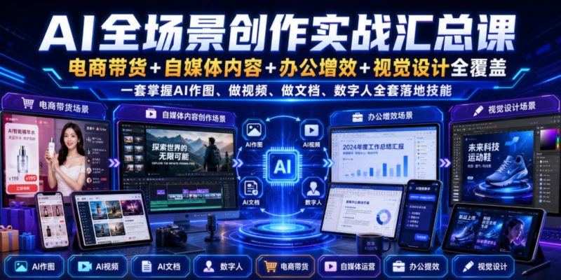 AI全场景创作实战汇总课|电商带货+自媒体内容+办公增效+视觉设计全覆盖,一套掌握AI作图、做视频、做文档、数字人全套落地技能昊趣阁资源网昊趣阁资源网