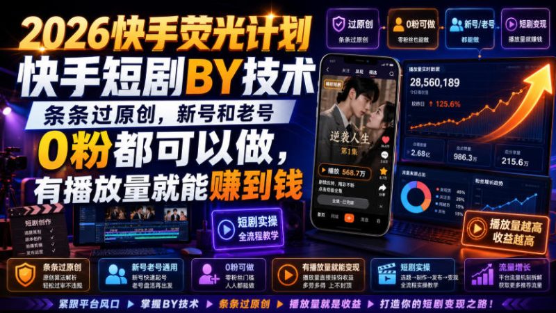 2026快手荧光计划，快手短剧搬运技术，条条过原创，新号和老号0粉都可以做，有播放量就能賺到钱昊趣阁资源网昊趣阁资源网
