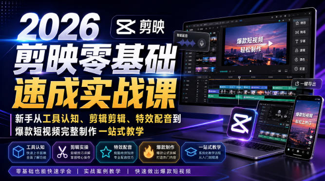 2026剪映零基础速成实战课｜新手从工具认知、剪辑剪辑、特效配音到爆款短视频完整制作一站式教学昊趣阁资源网昊趣阁资源网