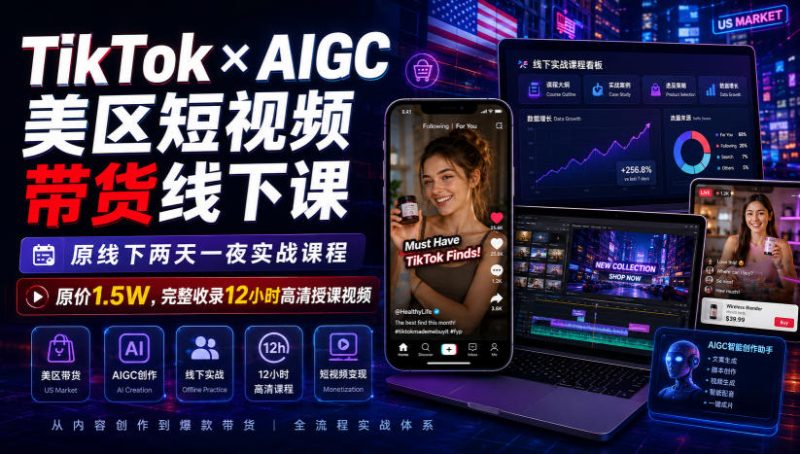 TikTok×AIGC美区短视频带货线下课,原线下两天一夜实战课程,原价1.5W,完整收录12小时高清授课视频昊趣阁资源网昊趣阁资源网