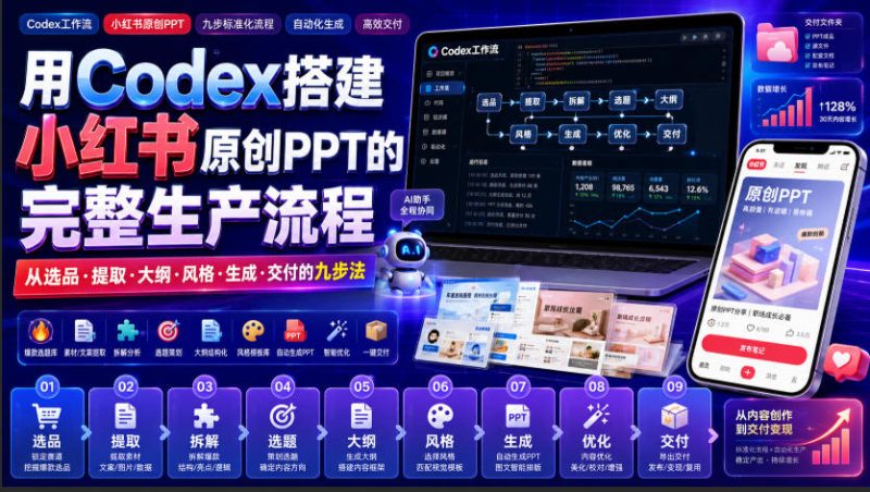 用Codex搭建小红书原创PPT的完整生产流程，从选品·提取·大纲·风格·生成·交付的九步法昊趣阁资源网昊趣阁资源网