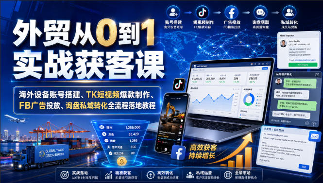 外贸从0到1实战获客课|海外设备账号搭建、TK短视频爆款制作、FB广告投放、询盘私域转化全流程落地教程昊趣阁资源网昊趣阁资源网
