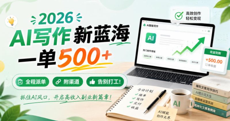 2026 AI写作新蓝海，一单500+，全程派单，附渠道，告别打工！【揭秘】昊趣阁资源网昊趣阁资源网