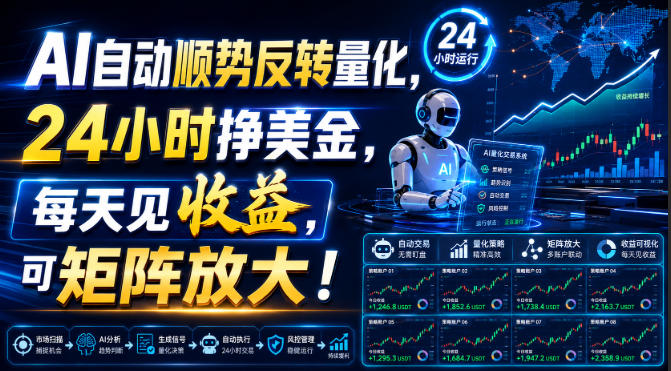 AI自动顺势反转量化,24小时挣美金,每天见收益,可矩阵放大!【揭秘】昊趣阁资源网昊趣阁资源网