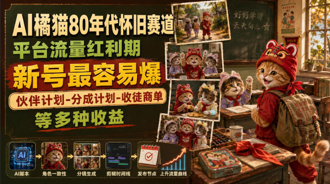 AI橘猫80年代怀旧赛道，平台流量红利期，新号最容易爆，伙伴计划-分成计划-收徒商单等多种收益昊趣阁资源网昊趣阁资源网
