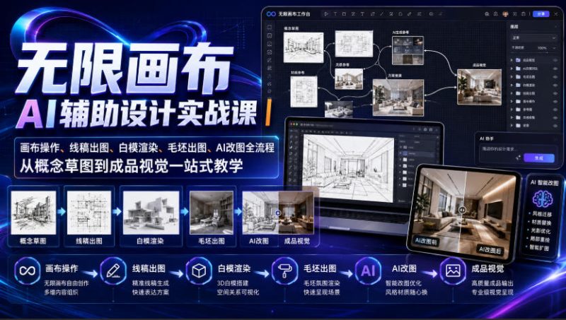 无限画布AI辅助设计实战课|画布操作、线稿出图、白模渲染、毛坯出图、AI改图全流程,从概念草图到成品视觉一站式教学昊趣阁资源网昊趣阁资源网