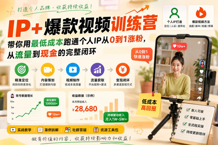 IP+爆款视频训练营，带你用最低成本跑通个人IP从0到1涨粉，从流量到现金的完整闭环昊趣阁资源网昊趣阁资源网
