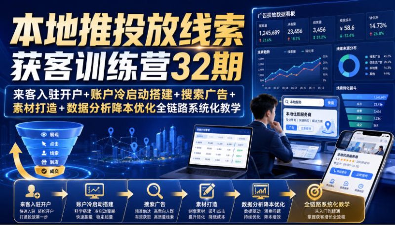 本地推投放线索获客训练营32期|来客入驻开户+账户冷启动搭建+搜索广告+素材打造+数据分析降本优化全链路系统化教学(8月全新课程)昊趣阁资源网昊趣阁资源网