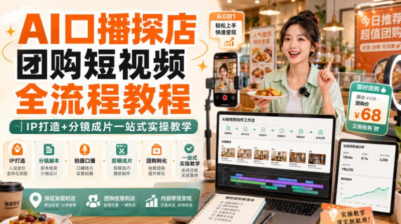 AI口播探店团购短视频全流程教程|IP打造+分镜成片一站式实操教学昊趣阁资源网昊趣阁资源网