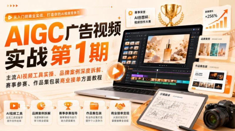 AIGC广告视频实战第1期,主流AI视频工具实操、品牌案例深度拆解、赛事参赛、作品集包装商业接单方面教程昊趣阁资源网昊趣阁资源网