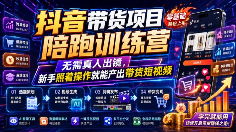 抖音带货项目陪跑训练营，无需真人出镜，新手照着操作就能产出带货短视频（更新0811）昊趣阁资源网昊趣阁资源网