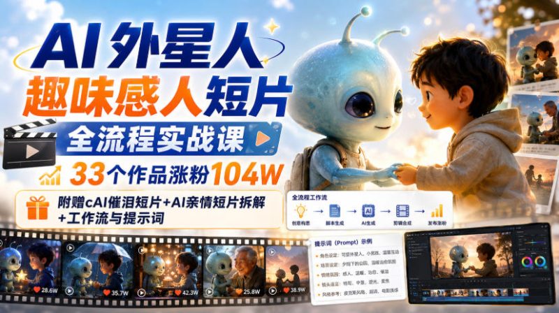 AI外星人趣味感人短片全流程实战课,33个作品涨粉104W,附赠AI催泪短片+AI亲情短片拆解+工作流与提示词昊趣阁资源网昊趣阁资源网