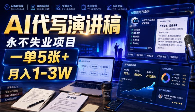 AI代写演讲稿,永不失业项目,一单5张+,月入1-3W【揭秘】昊趣阁资源网昊趣阁资源网