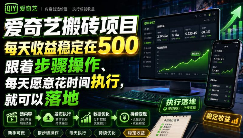 爱奇艺搬砖项目,每天收益稳定在500,跟着步骤操作、每天愿意花时间执行,就可以落地昊趣阁资源网昊趣阁资源网