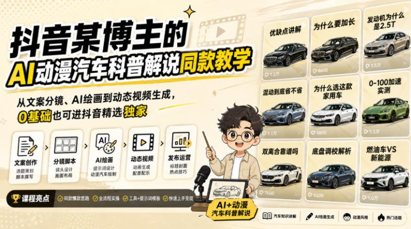 抖音某博主的AI动漫汽车科普解说同款教学,从文案分镜、AI绘画到动态视频生成,0基础解锁抖音精选独家收益昊趣阁资源网昊趣阁资源网