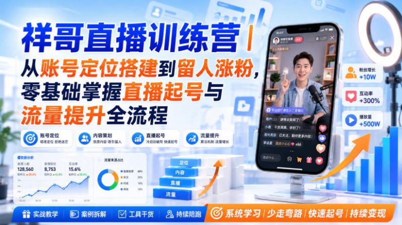 祥哥直播训练营|从账号定位搭建到留人涨粉,零基础掌握直播起号与流量提升全流程昊趣阁资源网昊趣阁资源网