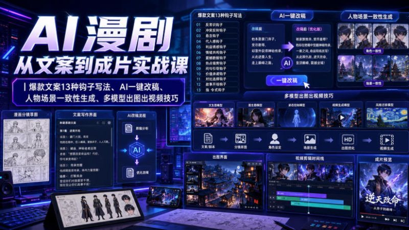 AI漫剧从文案到成片实战课|爆款文案13种钩子写法、AI一键改稿、人物场景一致性生成、多模型出图出视频技巧昊趣阁资源网昊趣阁资源网