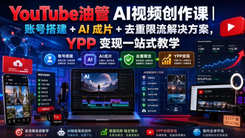 YouTube油管AI视频创作课|账号搭建+AI成片+去重限流解决方案,YPP变现一站式教学昊趣阁资源网昊趣阁资源网