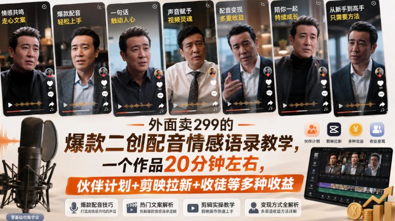 外面卖299的爆款二创配音情感语录教学，一个作品20分钟左右，伙伴计划+剪映拉新+收徒等多种收益昊趣阁资源网昊趣阁资源网