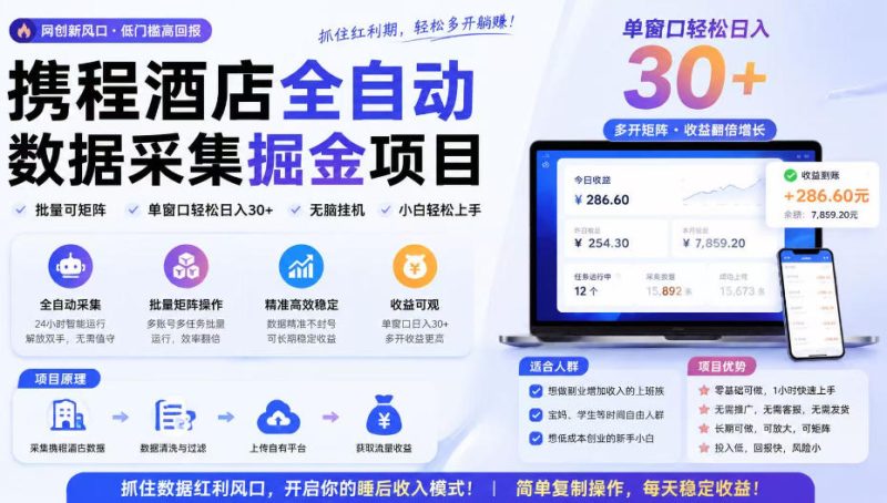 携程酒店采集挂G项目，批量可矩阵，单机轻松日入300+，开启你的睡后收入模式!【揭秘】昊趣阁资源网昊趣阁资源网