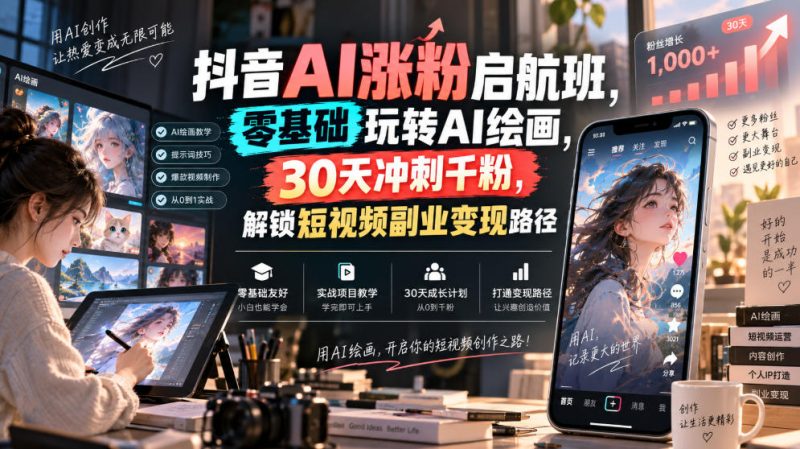 抖音AI涨粉启航班，零基础玩转AI绘画，30天冲刺千粉，解锁短视频副业变现路径昊趣阁资源网昊趣阁资源网