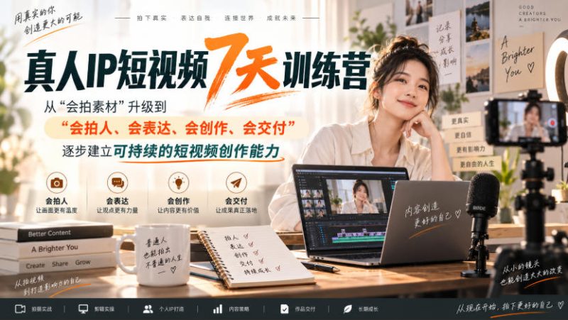 真人IP短视频7天训练营,从“会拍素材”升级到“会拍人、会表达、会创作、会交付”,逐步建立可持续的短视频创作能力昊趣阁资源网昊趣阁资源网