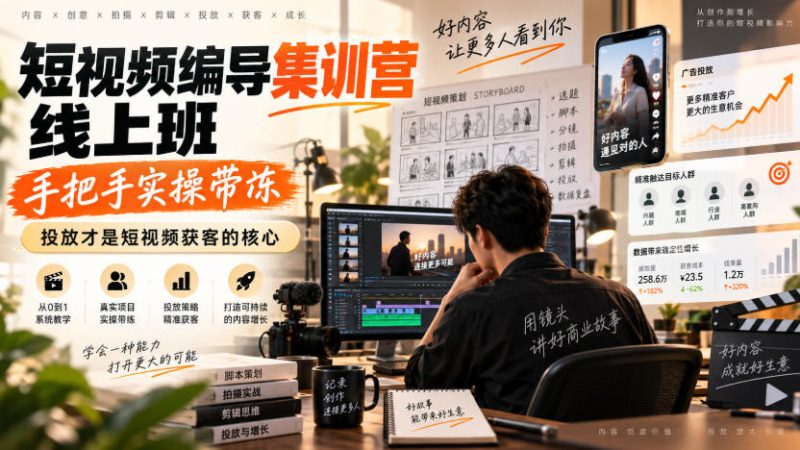 短视频编导集训营线上班,手把手实操带冻,投放才是短视频获客的核心昊趣阁资源网昊趣阁资源网