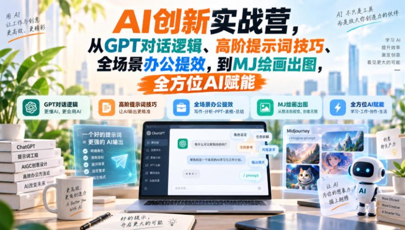 AI创新实战营，从GPT对话逻辑、高阶提示词技巧、全场景办公提效，到MJ绘画出图，全方位AI赋能昊趣阁资源网昊趣阁资源网