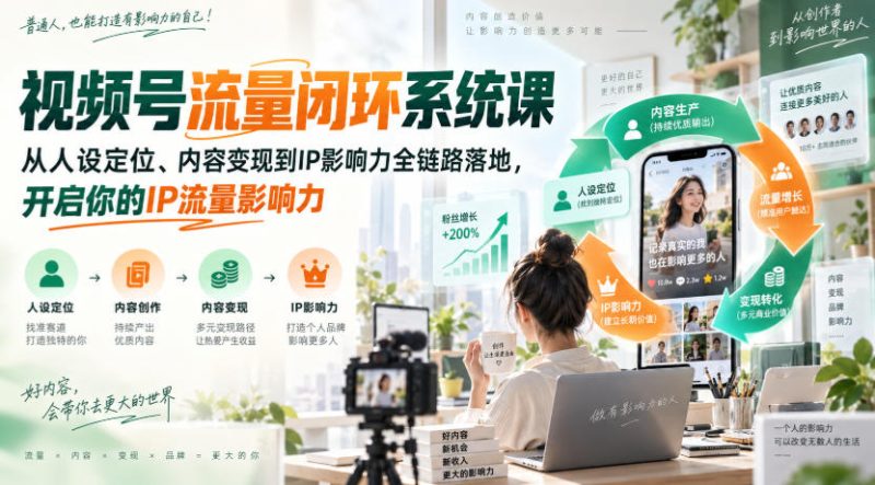 视频号流量闭环系统课,从人设定位、内容变现到IP影响力全链路落地,开启你的IP流量影响力昊趣阁资源网昊趣阁资源网