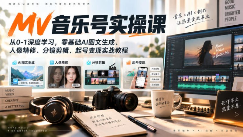 AI MV音乐号实操课,从0-1深度学习,零基础AI图文生成、人像精修、分镜剪辑、起号变现实战教程昊趣阁资源网昊趣阁资源网