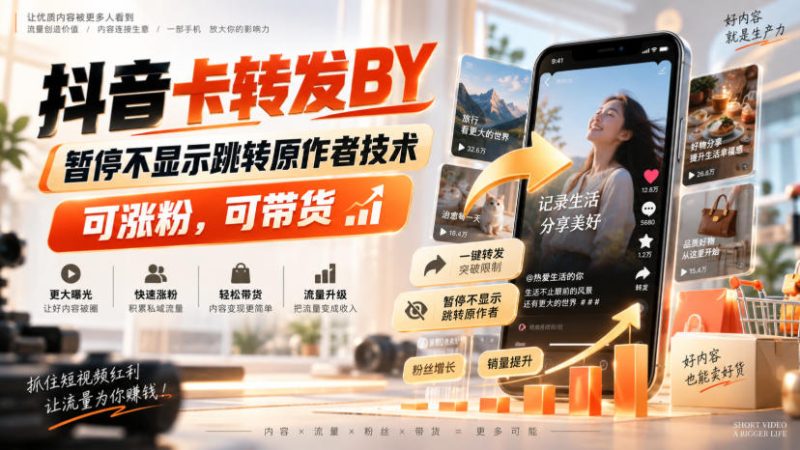 抖音卡转发搬运,暂停不显示跳转原作者技术,可涨粉,可带货昊趣阁资源网昊趣阁资源网