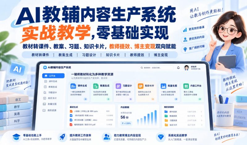 【无水印】AI教辅内容生产系统实战教学,零基础实现教材转课件、教案、习题、知识卡片,教师提效、博主变现双向赋能(更新0926)昊趣阁资源网昊趣阁资源网
