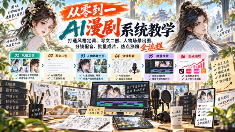 从零到一AI漫剧系统教学,打通风格定调、写文二创、人物场景出图、分镜配音、批量成片、热点涨粉全流程昊趣阁资源网昊趣阁资源网