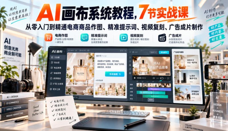 AI画布系统教程,7节实战课从零入门到精通电商商品作图、精准提示词、视频复刻、广告成片制作昊趣阁资源网昊趣阁资源网