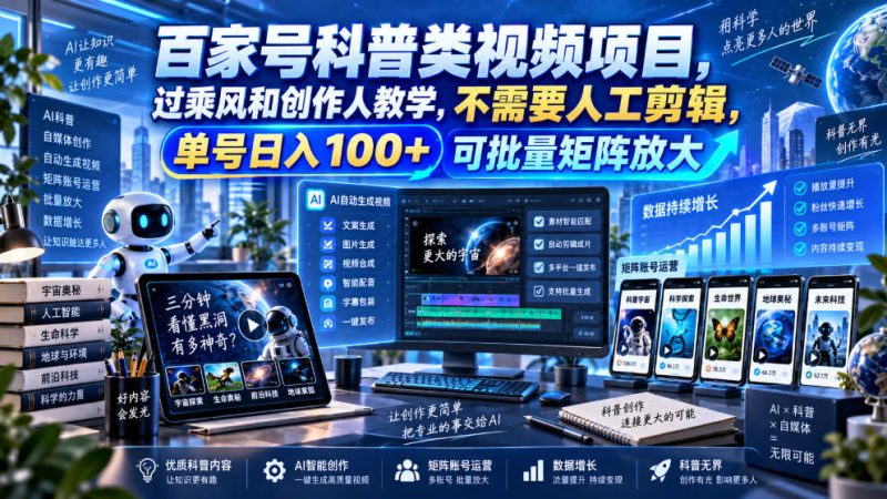百家号科普类视频项目，过乘风和创作人教学，不需要人工剪辑，单号日入100+可批量矩阵放大昊趣阁资源网昊趣阁资源网