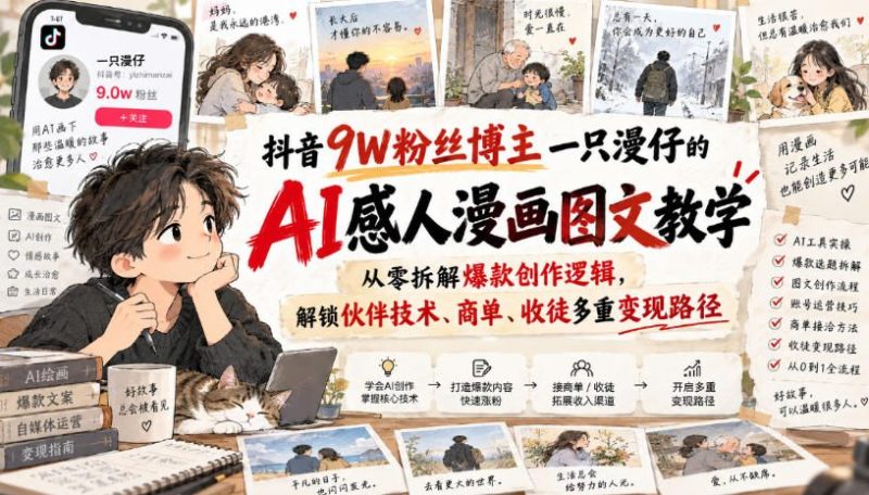 抖音9W粉丝博主一只漫仔的AI感人漫画图文教学,从零拆解爆款创作逻辑,解锁伙伴技术、商单、收徒多重变现路径昊趣阁资源网昊趣阁资源网