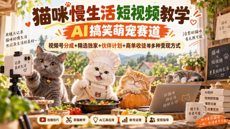 猫咪慢生活短视频教学，AI搞笑萌宠赛道，视频号分成+精选独家+伙伴计划+商单收徒等多种变现方式昊趣阁资源网昊趣阁资源网