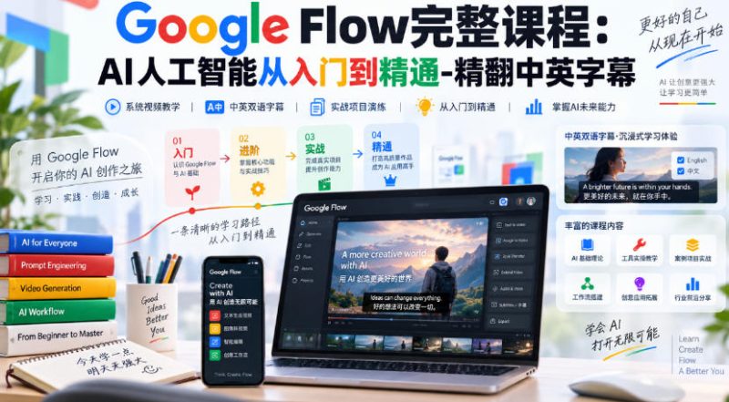 【无水印】Google Flow完整课程：AI人工智能从入门到精通-精翻中英字幕昊趣阁资源网昊趣阁资源网