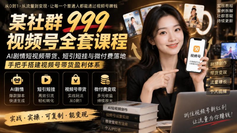 某社群999视频号全套课程,AI剧情短视频带货、短引短挂与微付费落地,手把手搭建视频号带货盈利体系昊趣阁资源网昊趣阁资源网
