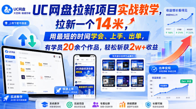 UC网盘拉新项目实战教学，拉新一个14米，用最短的时间学会、上手、出单，有学员20余个作品，轻松斩获2w+收益（更新0921）昊趣阁资源网昊趣阁资源网