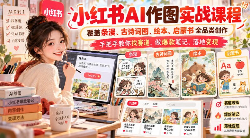 小红书AI作图实战课程，覆盖条漫、古诗词图、绘本、启蒙书全品类创作，手把手教你找赛道、做爆款笔记、落地变现昊趣阁资源网昊趣阁资源网