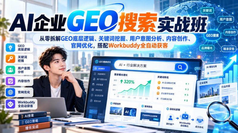 AI企业GEO搜索实战班,从零拆解GEO底层逻辑、关键词挖掘、用户意图分析、内容创作、官网优化,搭配Workbuddy全自动获客昊趣阁资源网昊趣阁资源网