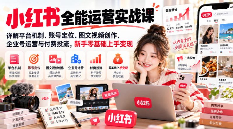 小红书全能运营实战课，详解平台机制、账号定位、图文视频创作、企业号运营与付费投流，新手零基础上手变现昊趣阁资源网昊趣阁资源网