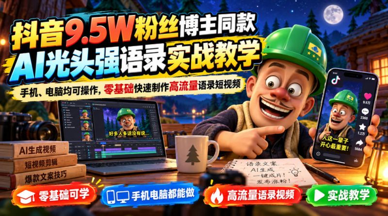 抖音9.5W粉丝博主同款AI光头强语录实战教学，手机、电脑均可操作，零基础快速制作高流量语录短视频昊趣阁资源网昊趣阁资源网