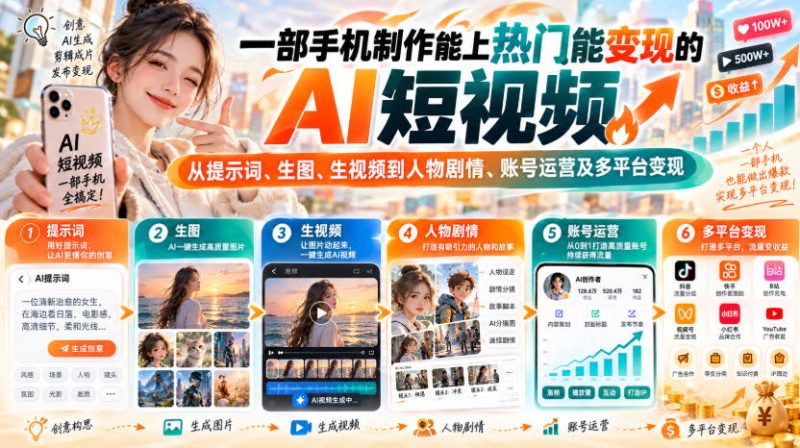 【无水印】一部手机制作能上热门能变现的AI短视频,从提示词、生图、生视频到人物剧情、账号运营及多平台变现昊趣阁资源网昊趣阁资源网