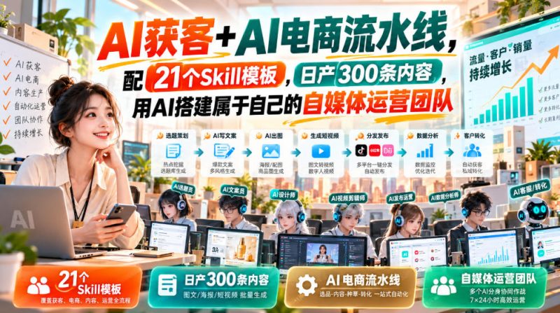AI获客+AI电商流水线,配21个Skill模板,日产300条内容,用AI搭建属于自己的自媒体运营团队昊趣阁资源网昊趣阁资源网