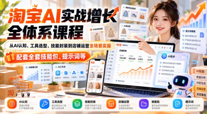 淘宝AI实战增长全体系课程，从AI认知、工具选型、技能封装到店铺运营全场景实操，配套全套技能包、提示词等昊趣阁资源网昊趣阁资源网