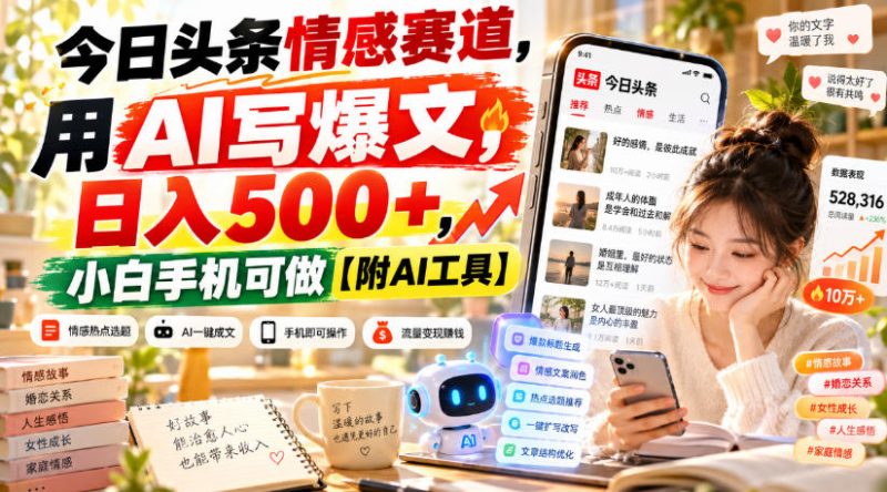今日头条情感赛道,用AI写爆文,日入500+,小白手机可做【附AI工具】昊趣阁资源网昊趣阁资源网
